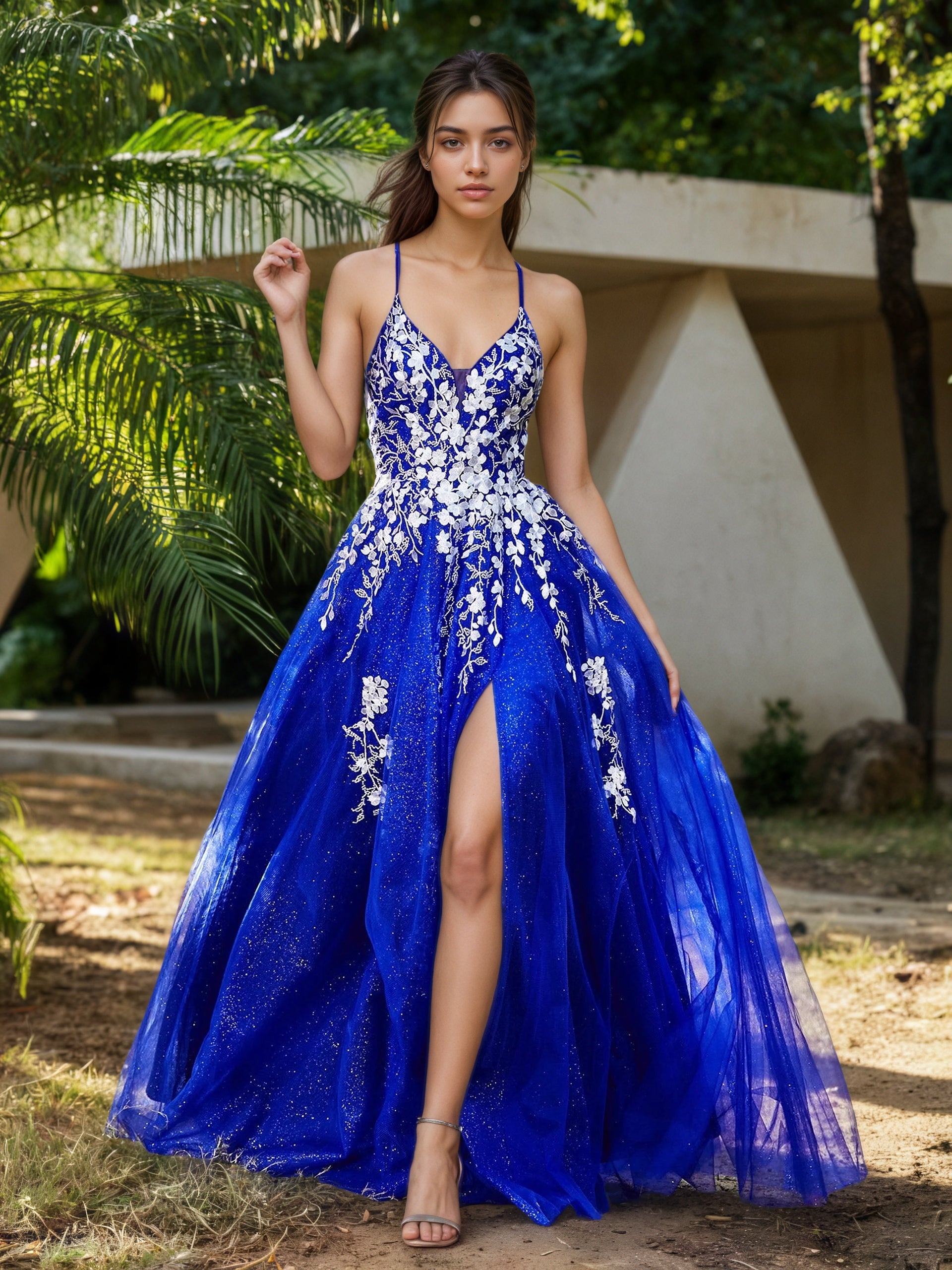 Sevoba | Lace Applique High Slit Tulle Dress Royal Blue