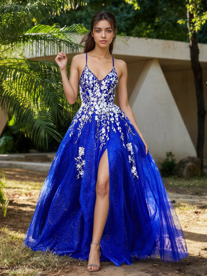 Sevoba | Lace Applique High Slit Tulle Dress Royal Blue