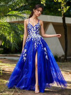 Sevoba | Lace Applique High Slit Tulle Dress Royal Blue