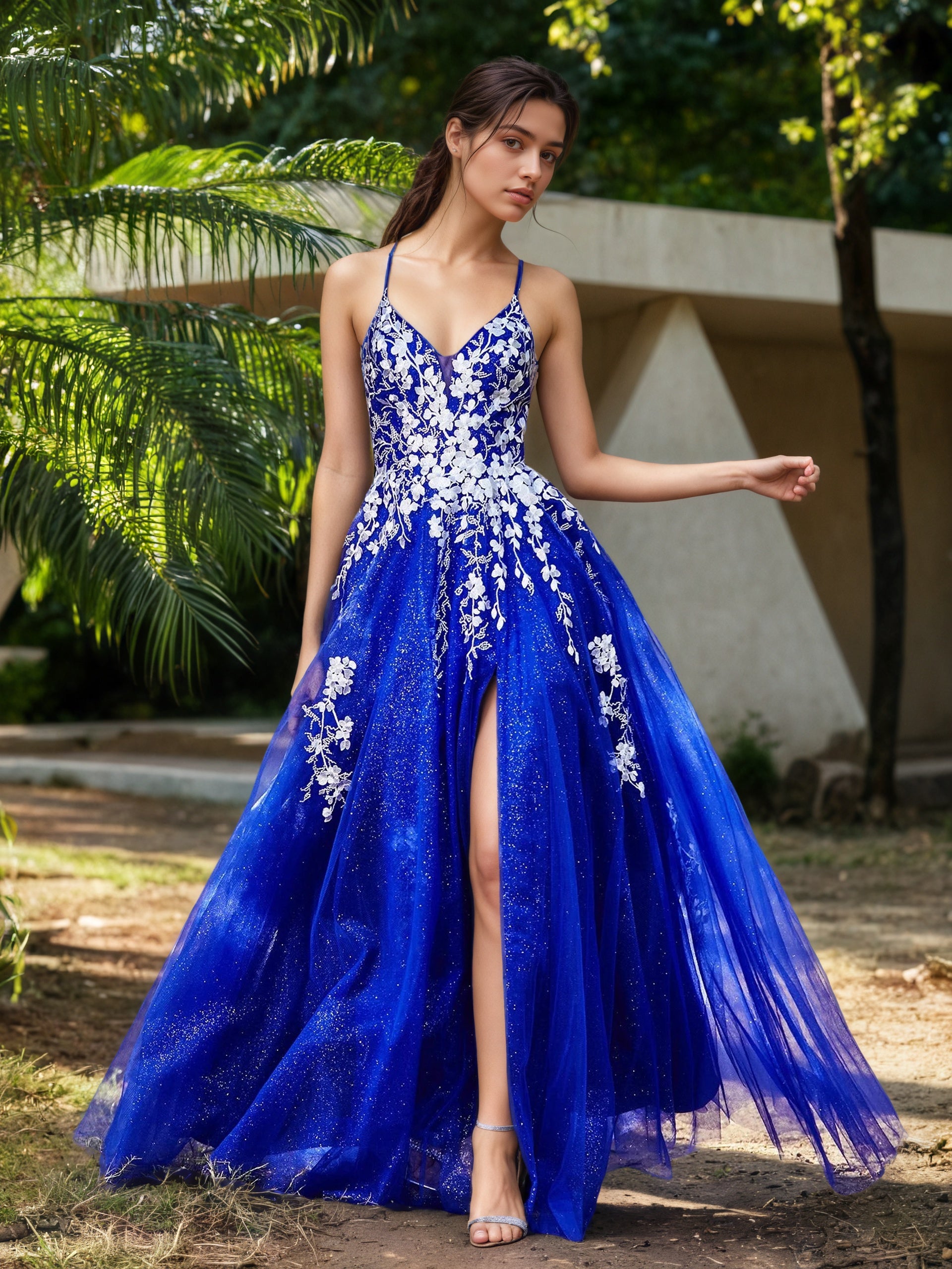 Sevoba | Lace Applique High Slit Tulle Dress Royal Blue