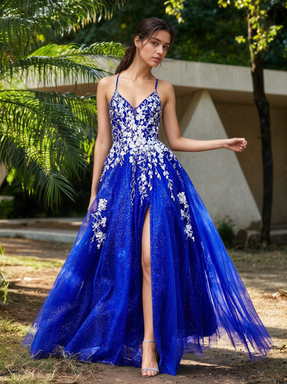 Sevoba | Lace Applique High Slit Tulle Dress Royal Blue