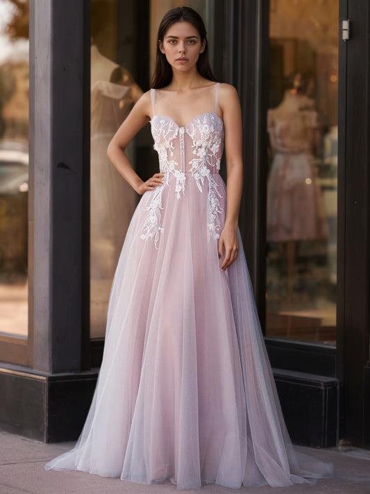 Sevoba|Lavender A-line Sweetheart Neckline Tulle Sweep Train Prom Dress