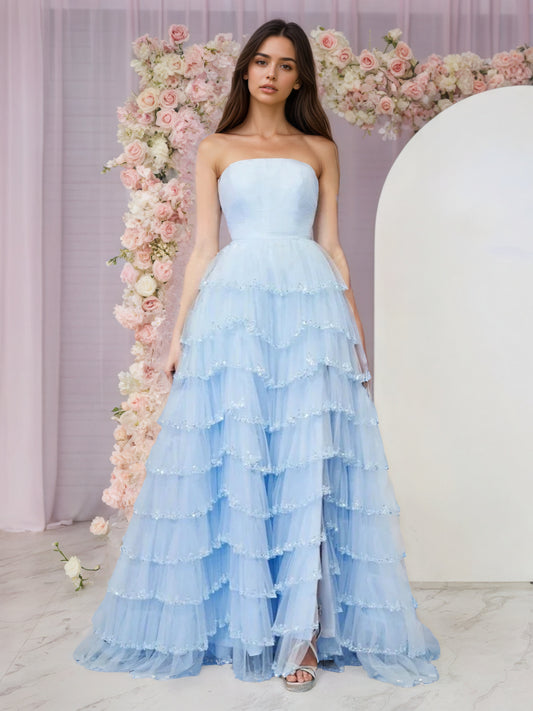Sevoba|Light Blue Strapless Layered Tulle Prom Dress with Sequins