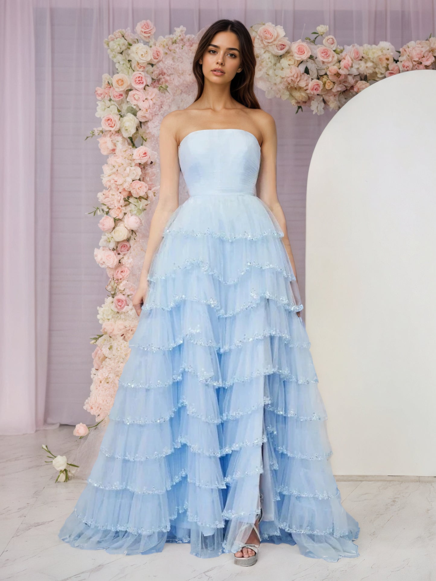 Sevoba|Light Blue Strapless Layered Tulle Prom Dress with Sequins