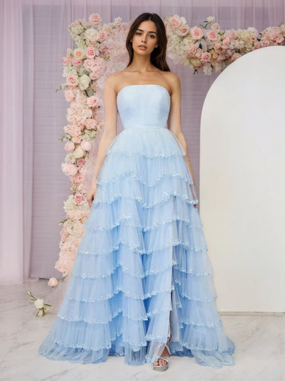 Sevoba|Light Blue Strapless Layered Tulle Prom Dress with Sequins