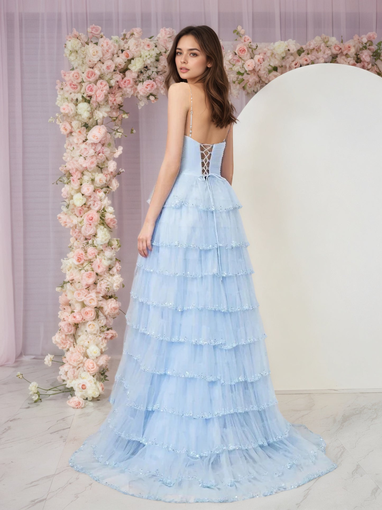 Sevoba|Light Blue Strapless Layered Tulle Prom Dress with Sequins