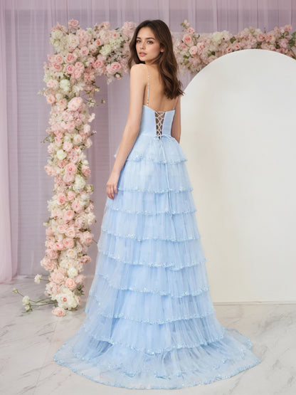 Sevoba|Light Blue Strapless Layered Tulle Prom Dress with Sequins