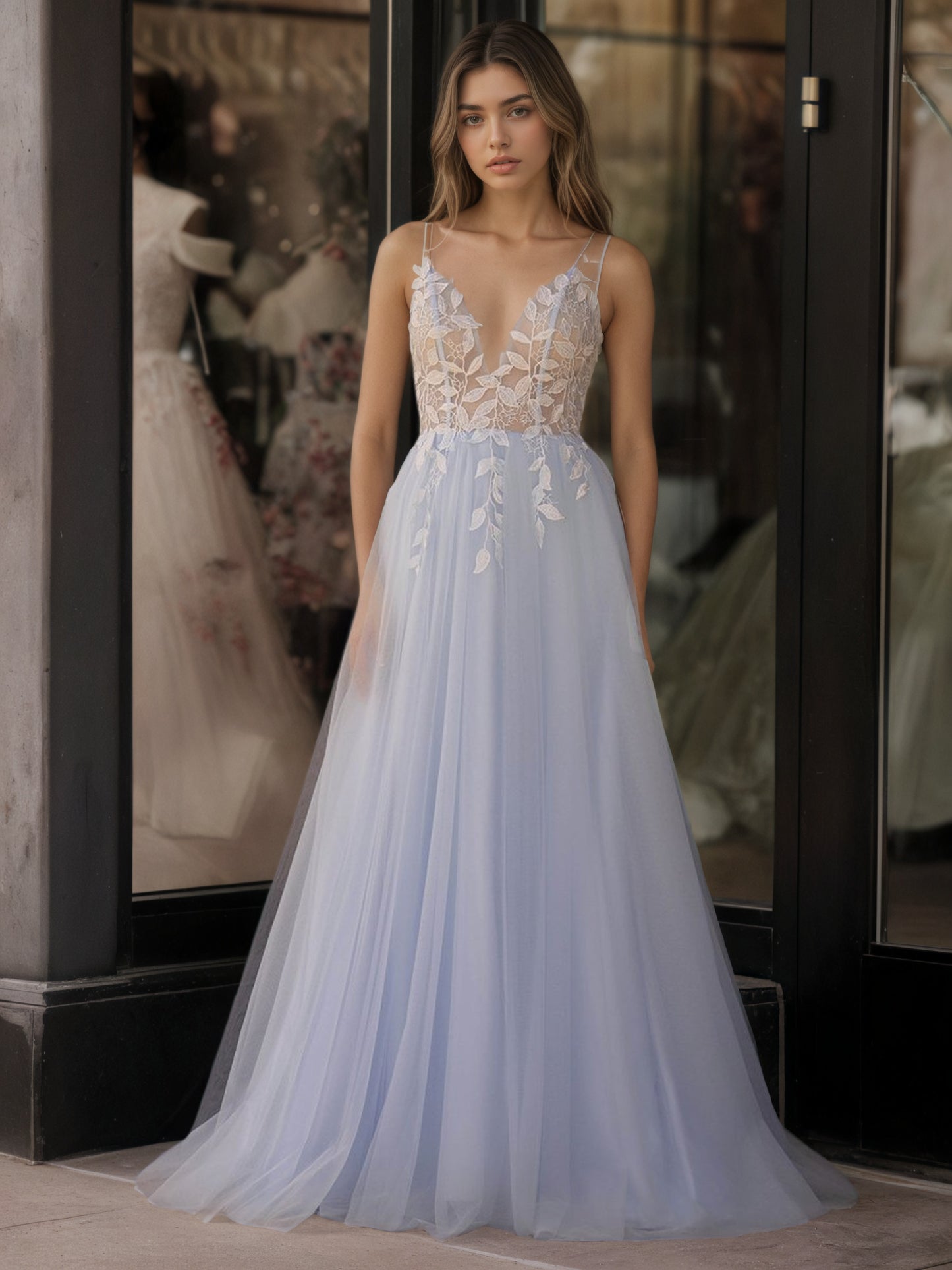 Sevoba|Light Blue V Neck Lace-Up Appliques Tulle Long Prom Dress