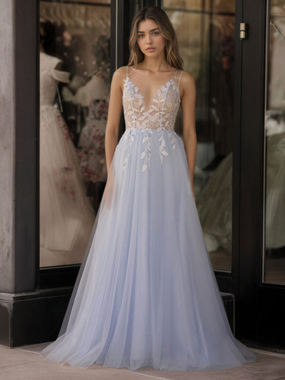 Sevoba|Light Blue V Neck Lace-Up Appliques Tulle Long Prom Dress