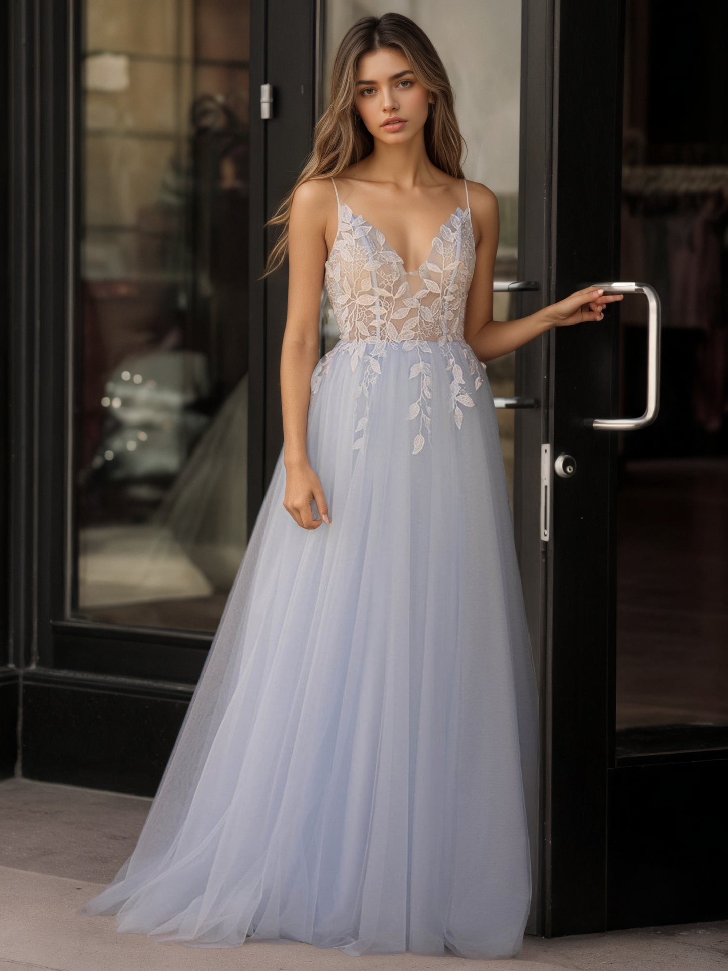 Sevoba|Light Blue V Neck Lace-Up Appliques Tulle Long Prom Dress