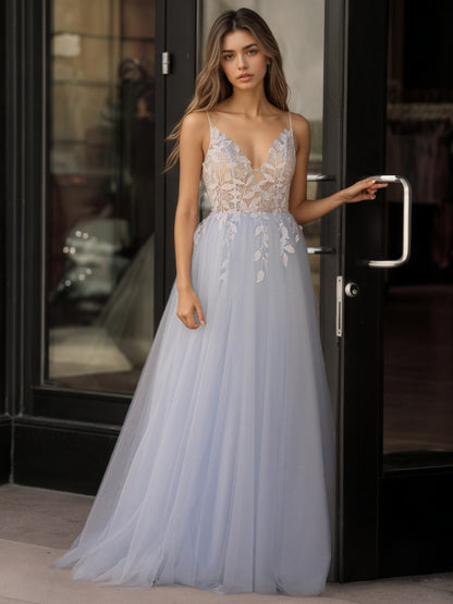 Sevoba|Light Blue V Neck Lace-Up Appliques Tulle Long Prom Dress