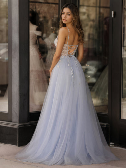 Sevoba|Light Blue V Neck Lace-Up Appliques Tulle Long Prom Dress