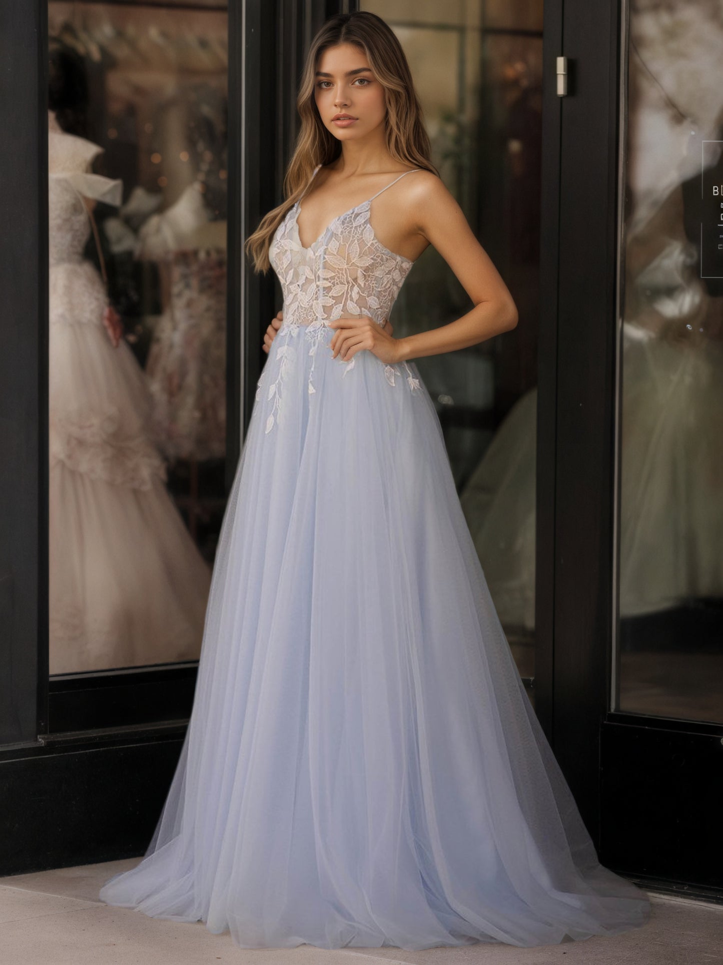 Sevoba|Light Blue V Neck Lace-Up Appliques Tulle Long Prom Dress