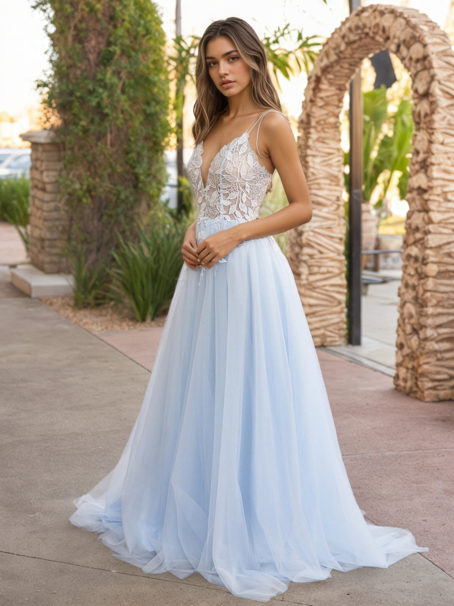 Sevoba|Light Blue V Neck Lace-Up Appliques Tulle Long Prom Dress