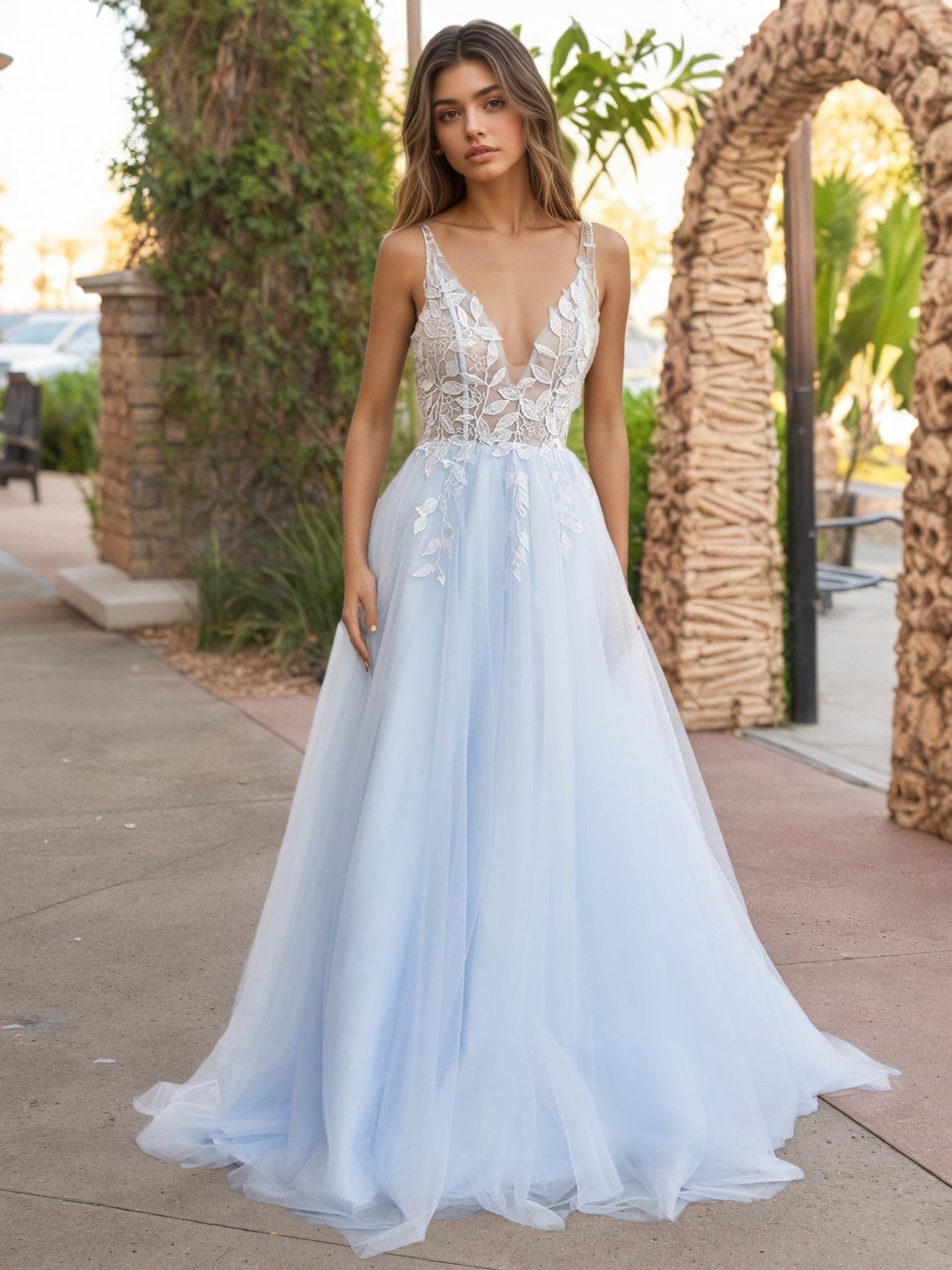 Sevoba|Light Blue V Neck Lace-Up Appliques Tulle Long Prom Dress