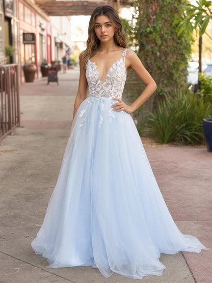 Sevoba|Light Blue V Neck Lace-Up Appliques Tulle Long Prom Dress