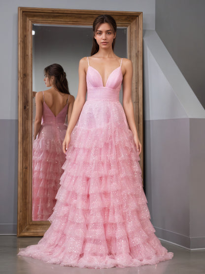 Sevoba | Light Pink A-Line Tiered Spaghetti Straps Tulle Prom Dress