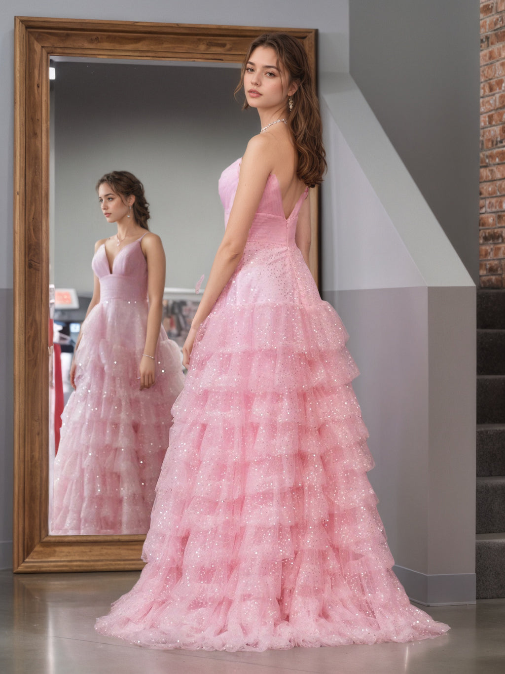 Sevoba | Light Pink A-Line Tiered Spaghetti Straps Tulle Prom Dress