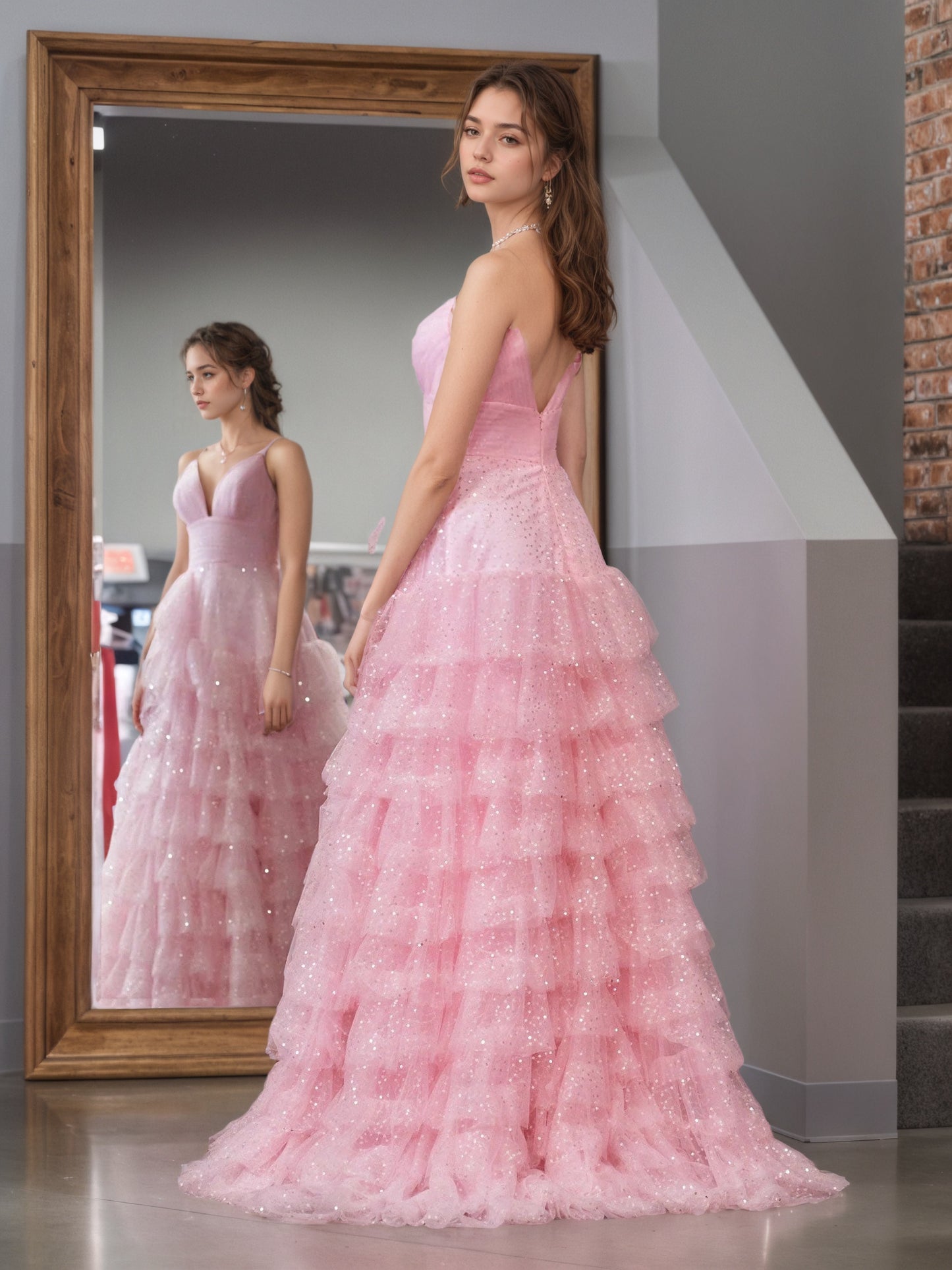 Sevoba | Light Pink A-Line Tiered Spaghetti Straps Tulle Prom Dress
