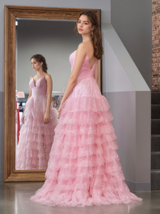 Sevoba | Light Pink A-Line Tiered Spaghetti Straps Tulle Prom Dress
