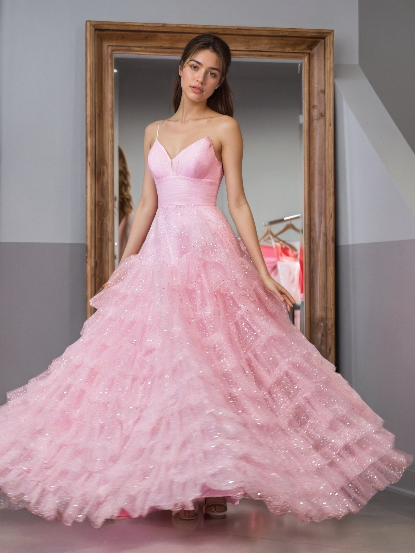 Sevoba | Light Pink A-Line Tiered Spaghetti Straps Tulle Prom Dress
