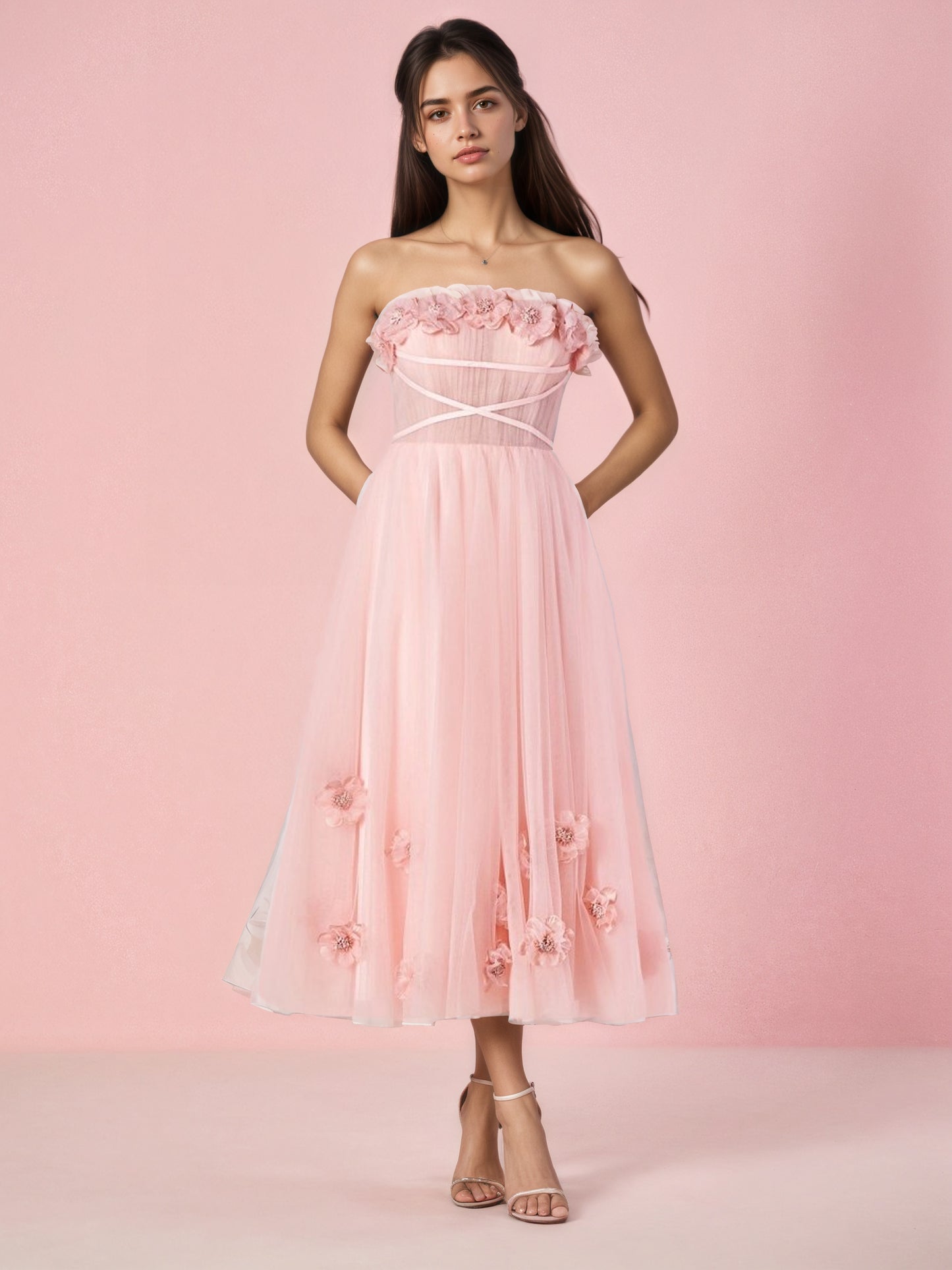 Sevoba|Light Pink Princess Strapless Prom Dress with Flowers