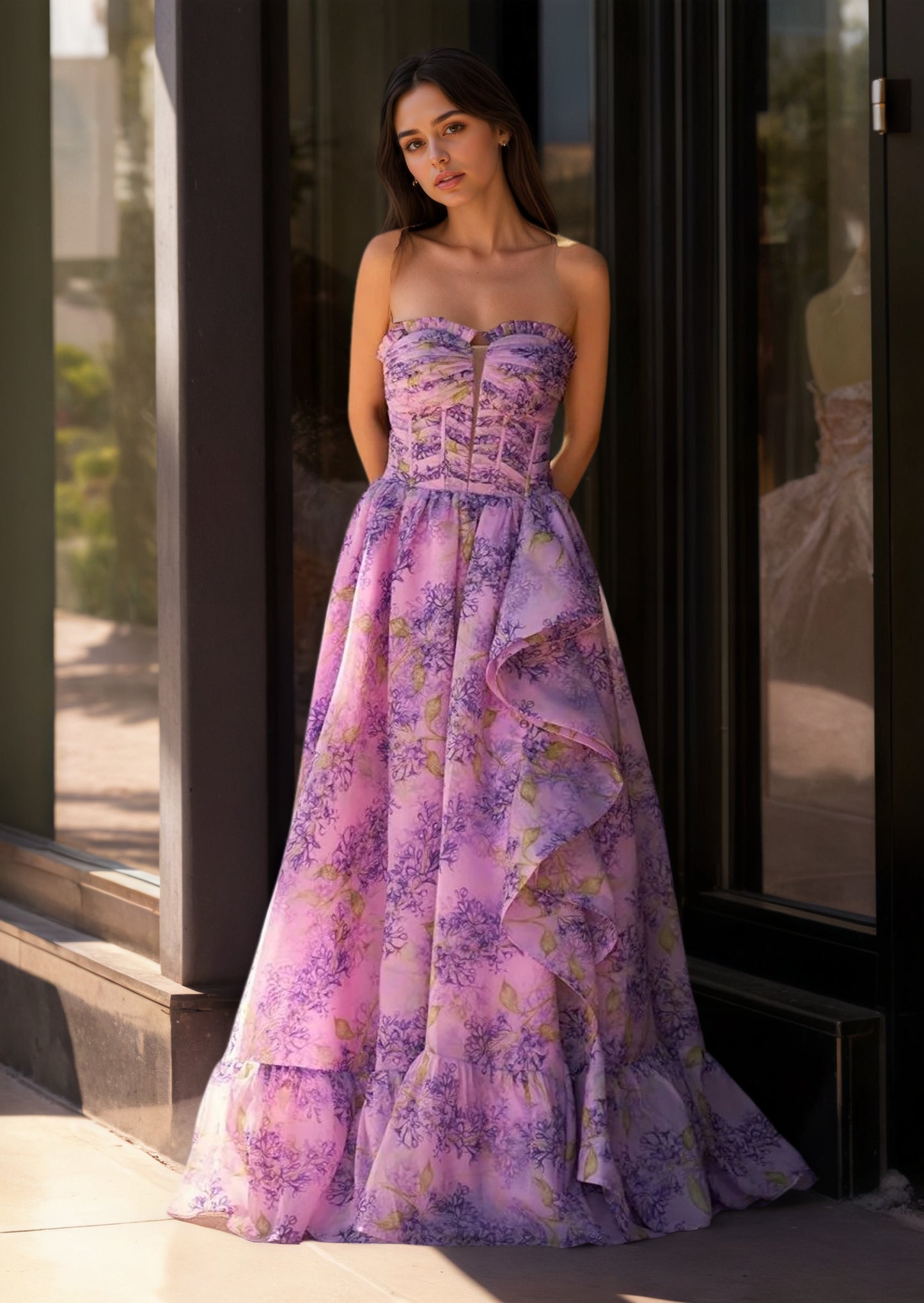 Sevoba|Lilac A-Line Corset Detachable Sweetheart Floral Long Prom Dress