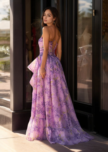 Sevoba|Lilac A-Line Corset Detachable Sweetheart Floral Long Prom Dress