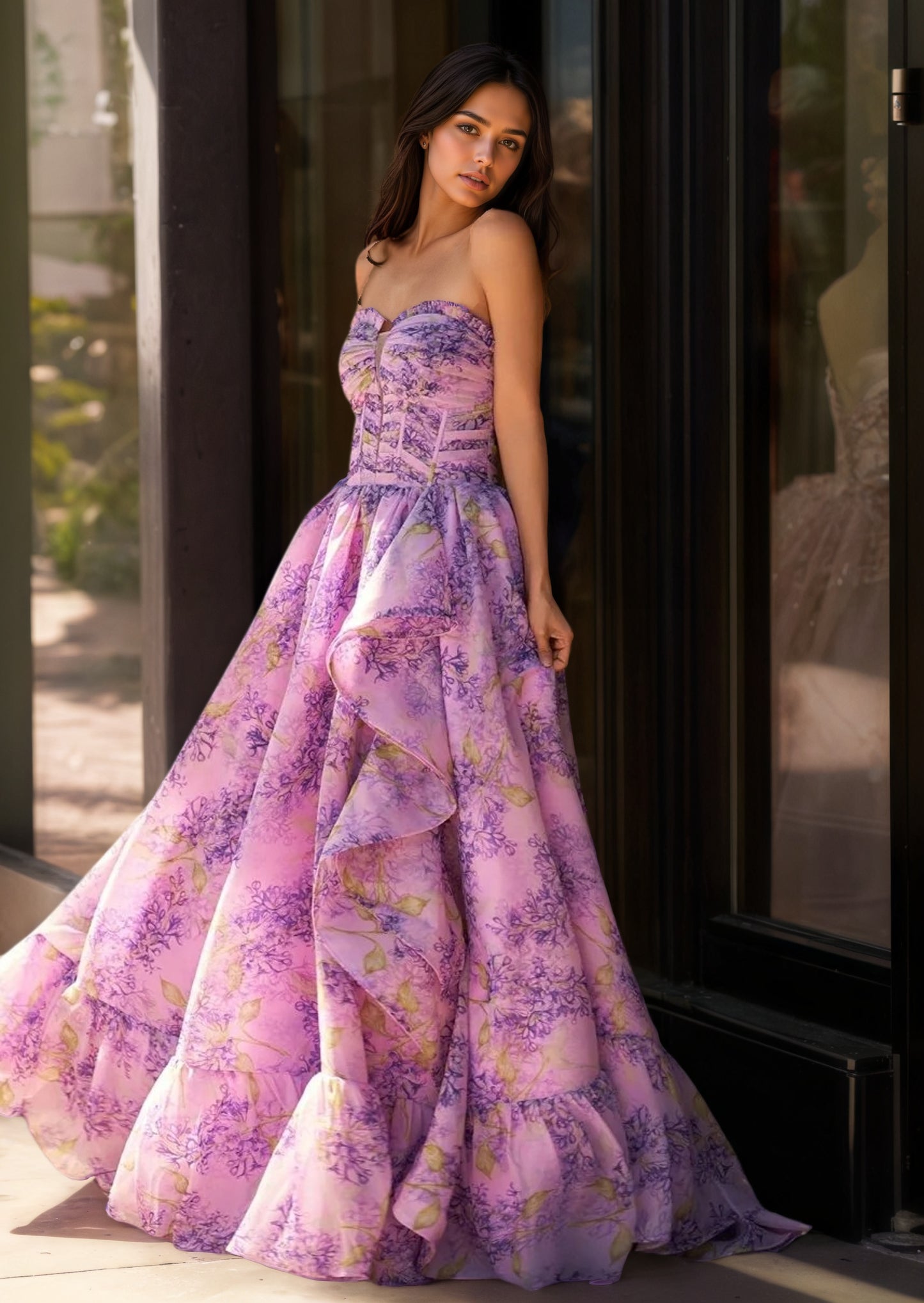Lilac A-Line Corset Detachable Sweetheart Floral Long Prom Dress