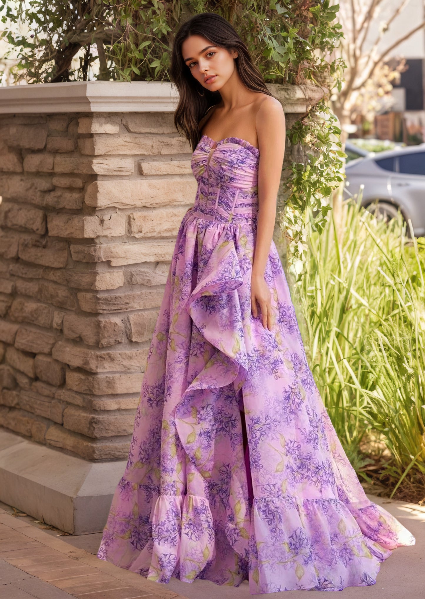 Lilac A-Line Corset Detachable Sweetheart Floral Long Prom Dress