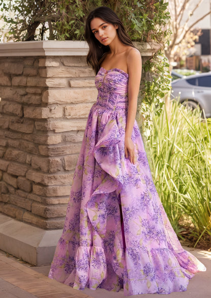 Lilac A-Line Corset Detachable Sweetheart Floral Long Prom Dress