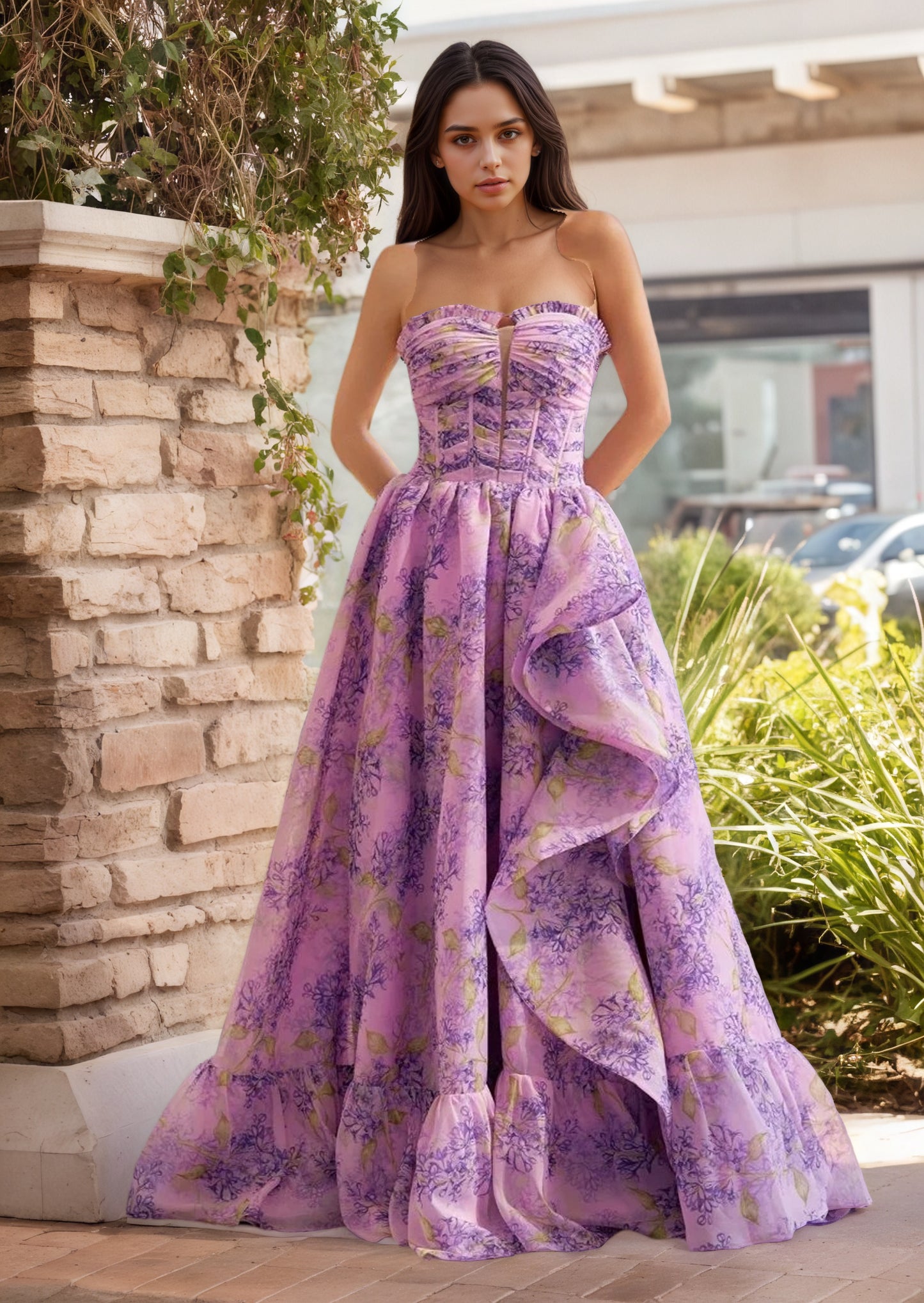 Lilac A-Line Corset Detachable Sweetheart Floral Long Prom Dress
