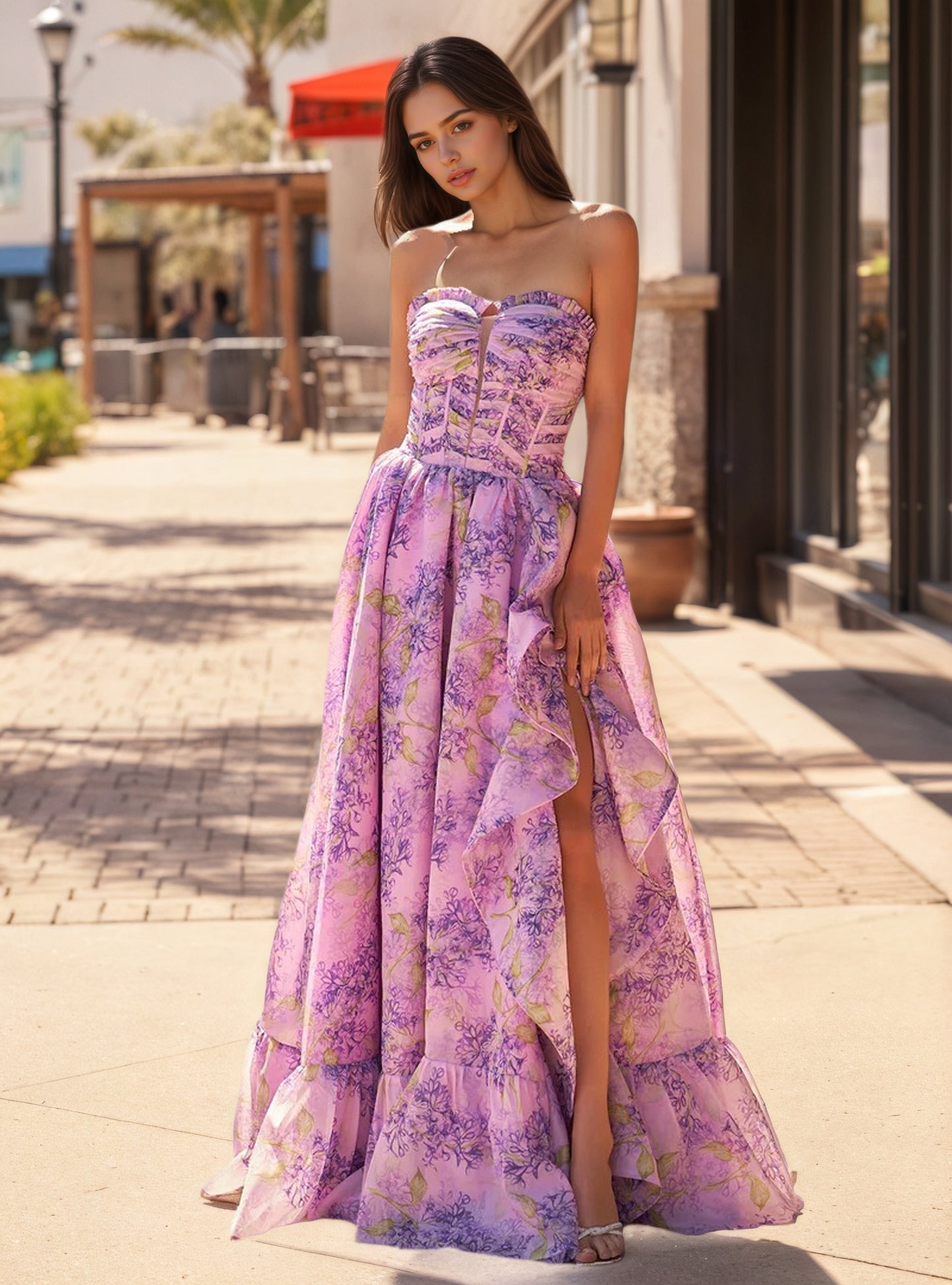 Sevoba|Lilac A-Line Corset Detachable Sweetheart Floral Long Prom Dress