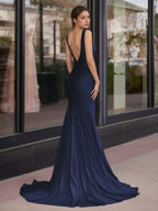Sevoba | Mermaid Deep V-Neck Beaded Satin Long Prom Dress