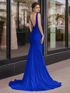 Sevoba | Mermaid Deep V-Neck Beaded Satin Long Prom Dress