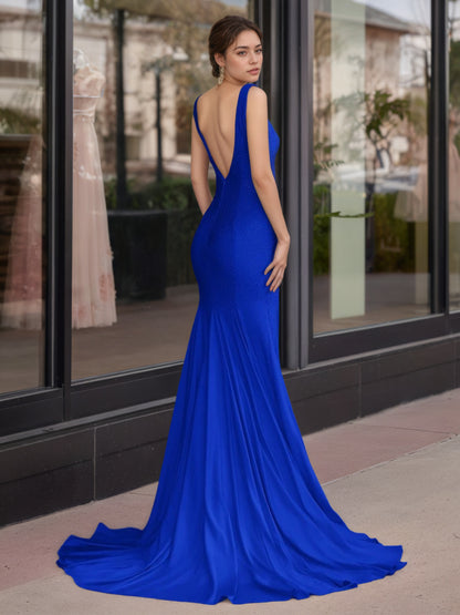 Sevoba | Mermaid Deep V-Neck Beaded Satin Long Prom Dress