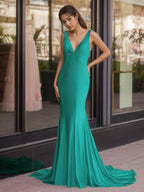 Sevoba | Mermaid Deep V-Neck Beaded Satin Long Prom Dress