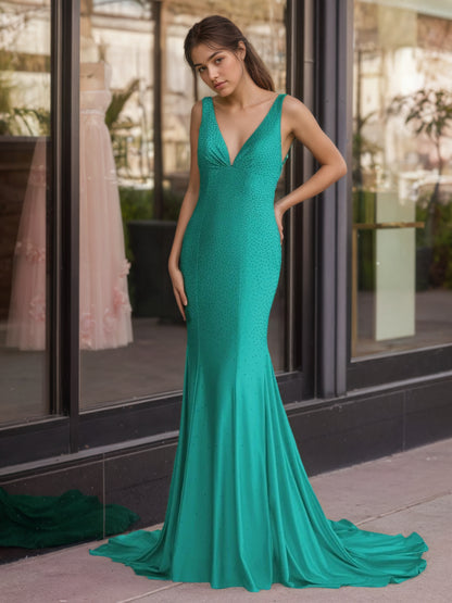 Sevoba | Mermaid Deep V-Neck Beaded Satin Long Prom Dress