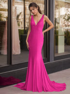 Sevoba | Mermaid Deep V-Neck Beaded Satin Long Prom Dress