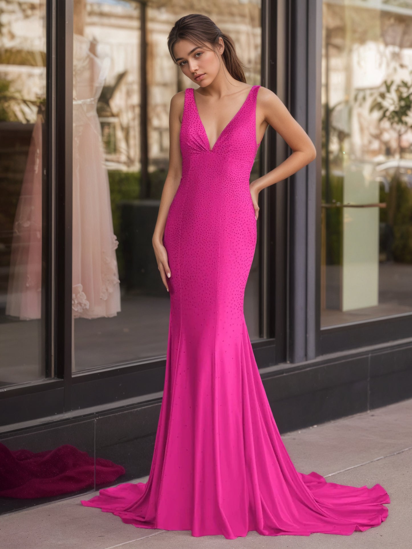 Sevoba | Mermaid Deep V-Neck Beaded Satin Long Prom Dress