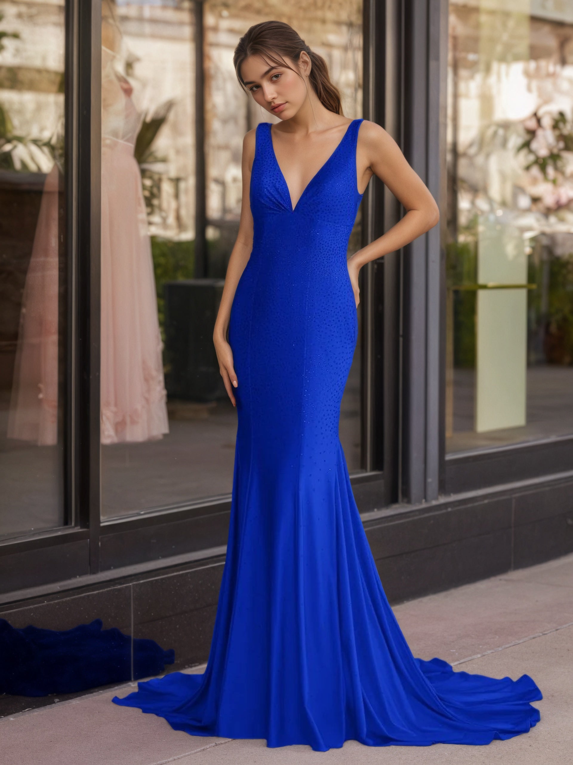Sevoba | Mermaid Deep V-Neck Beaded Satin Long Prom Dress