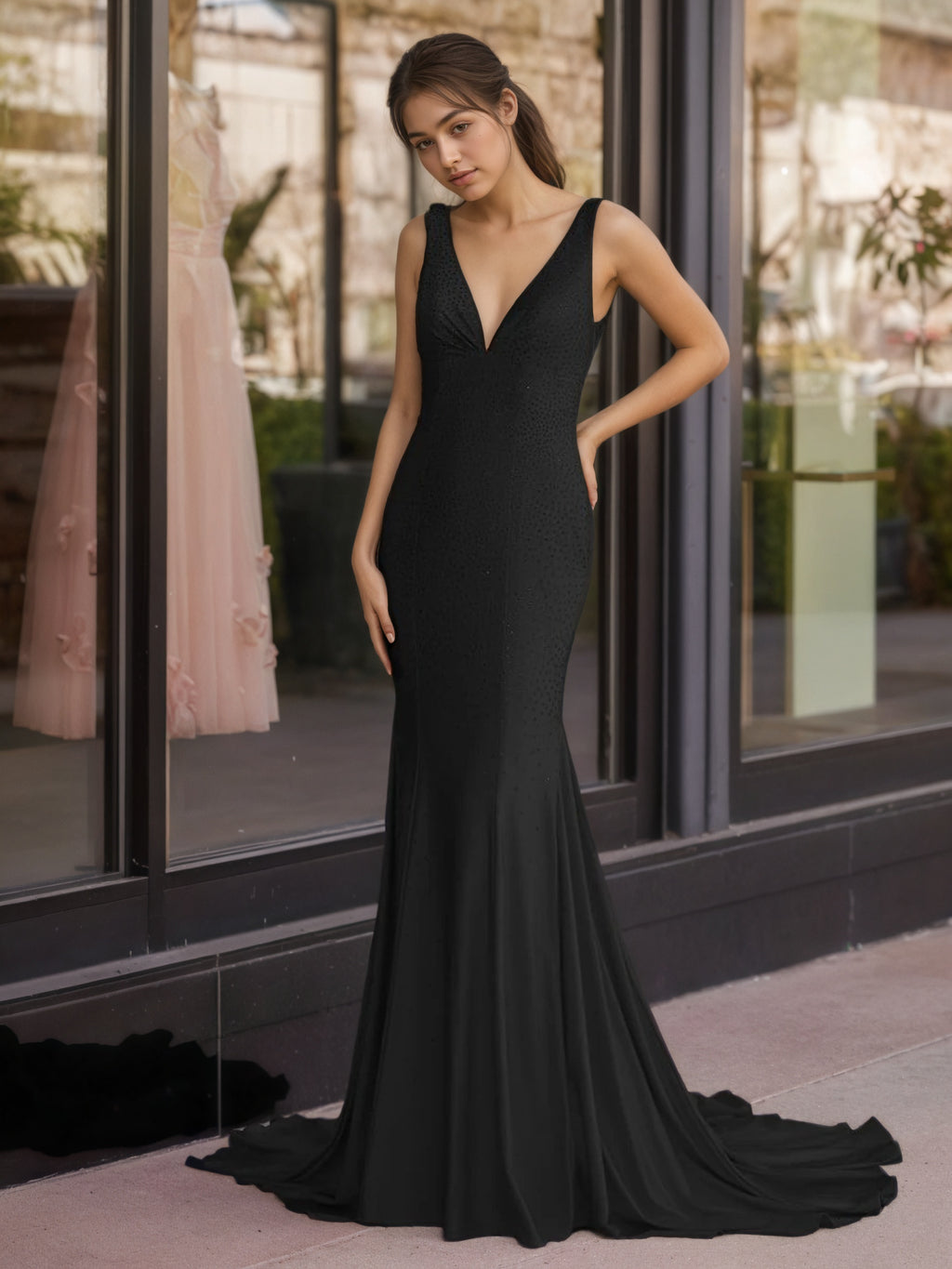 Sevoba | Mermaid Deep V-Neck Beaded Satin Long Prom Dress