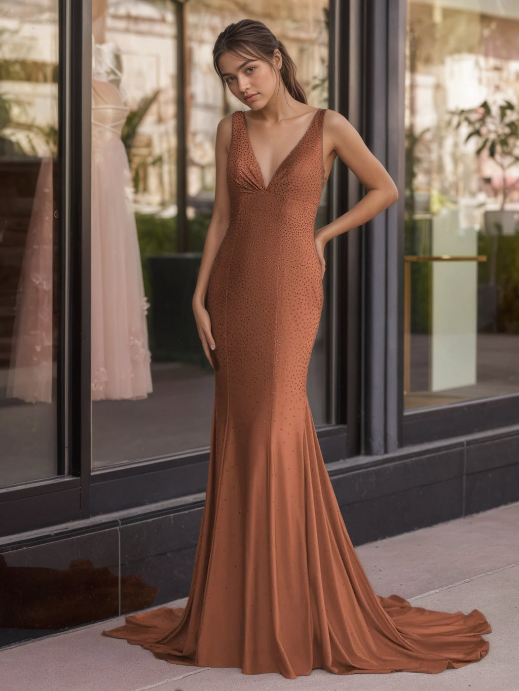 Sevoba | Mermaid Deep V-Neck Beaded Satin Long Prom Dress