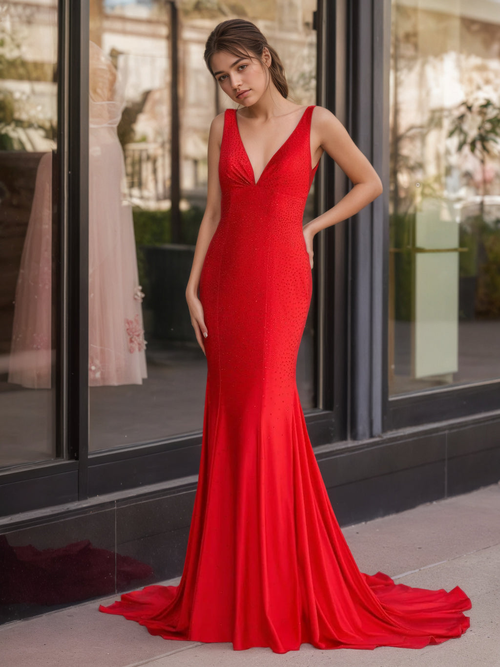 Sevoba | Mermaid Deep V-Neck Beaded Satin Long Prom Dress