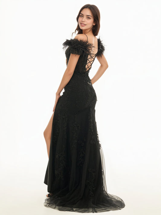 Sevoba|Mermaid Deep V Neck Feather Lace Long Prom Dress