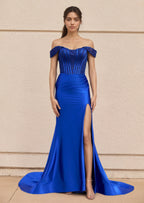 Sevoba | Mermaid Off the Shoulder Satin Prom Dress with Slit