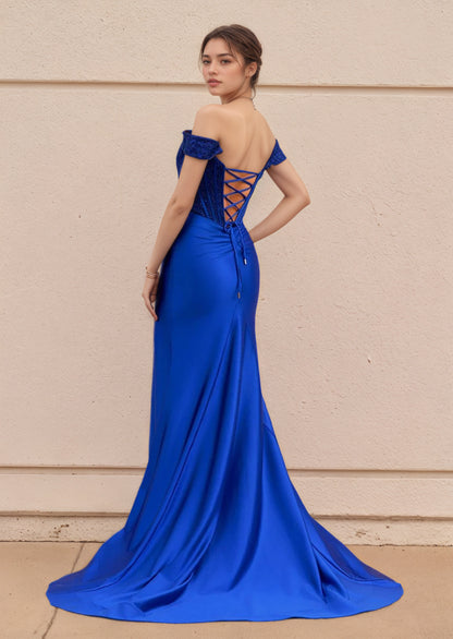 Sevoba | Mermaid Off the Shoulder Satin Prom Dress with Slit