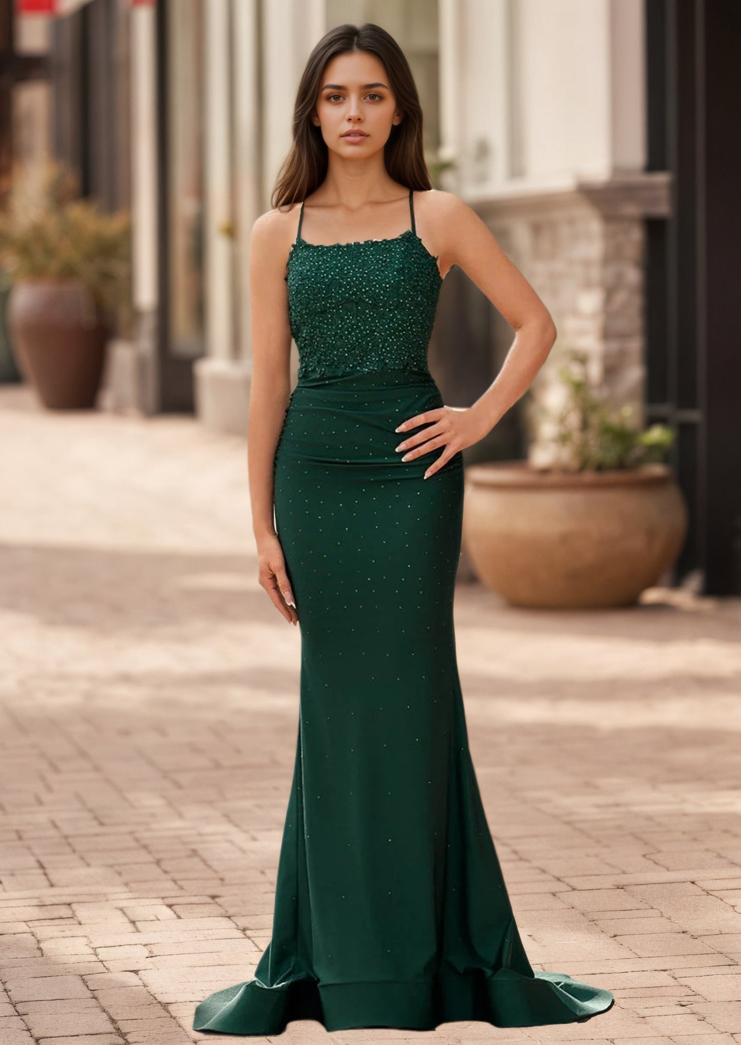 Sevoba|Mermaid Spaghetti Straps Dark Green Long Prom Dress with Appliques