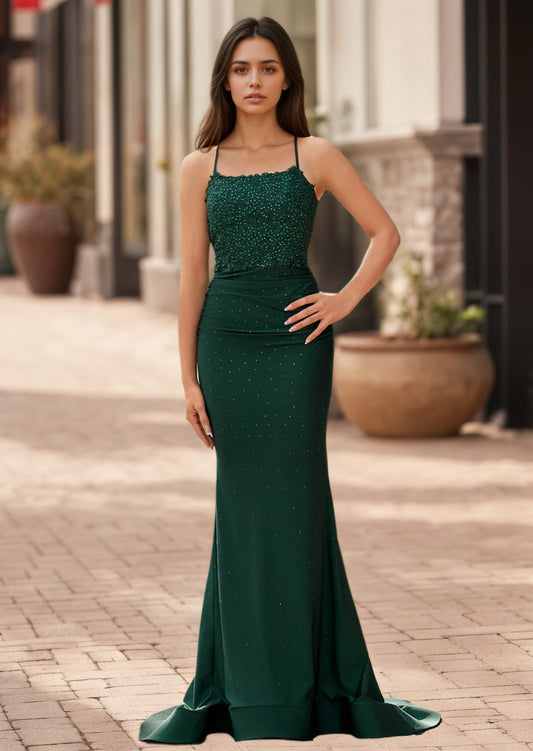 Sevoba|Mermaid Spaghetti Straps Dark Green Long Prom Dress with Appliques