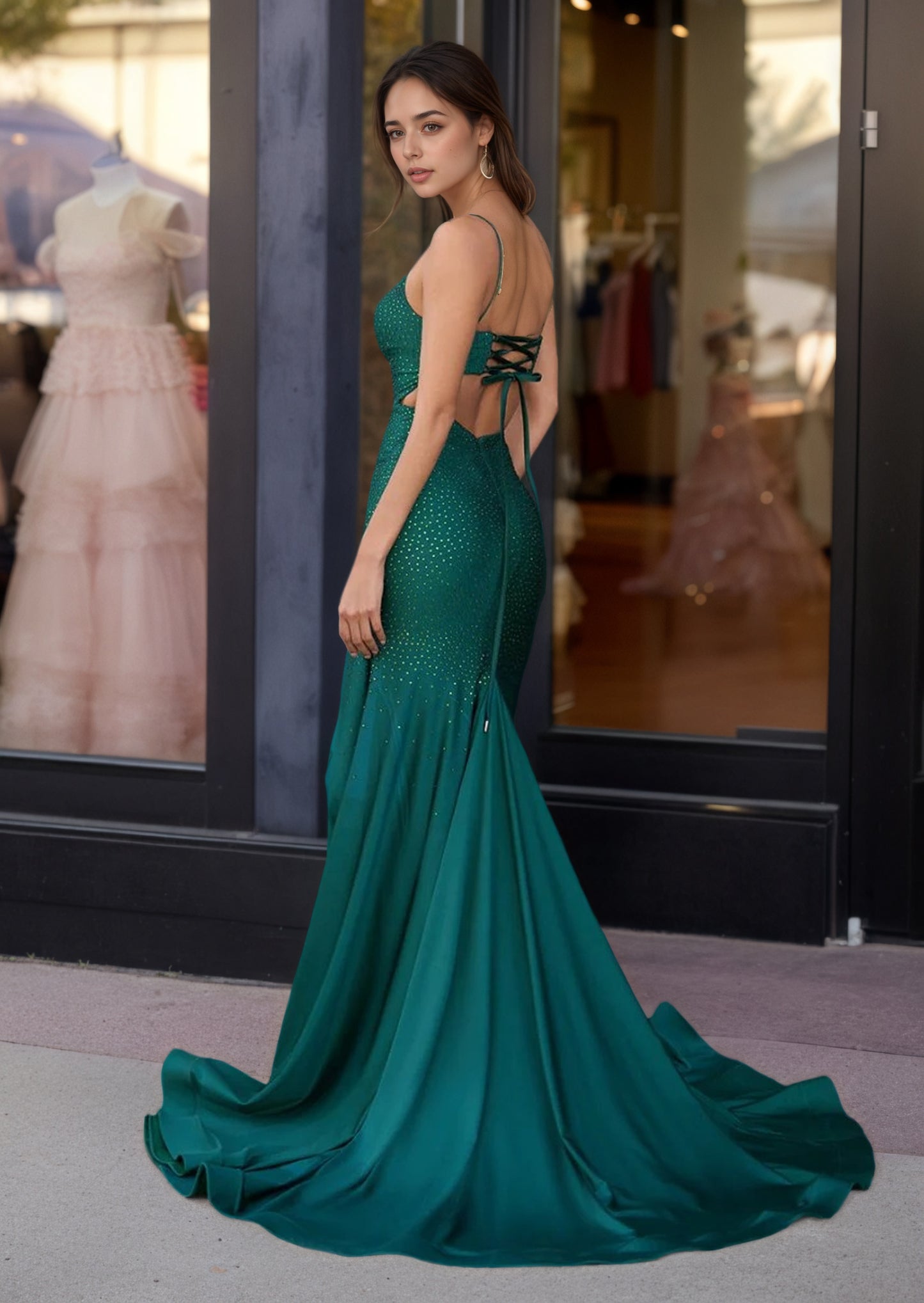 Sevoba|Mermaid Spaghettti Strap Beaded Satin Prom Dress with Slit